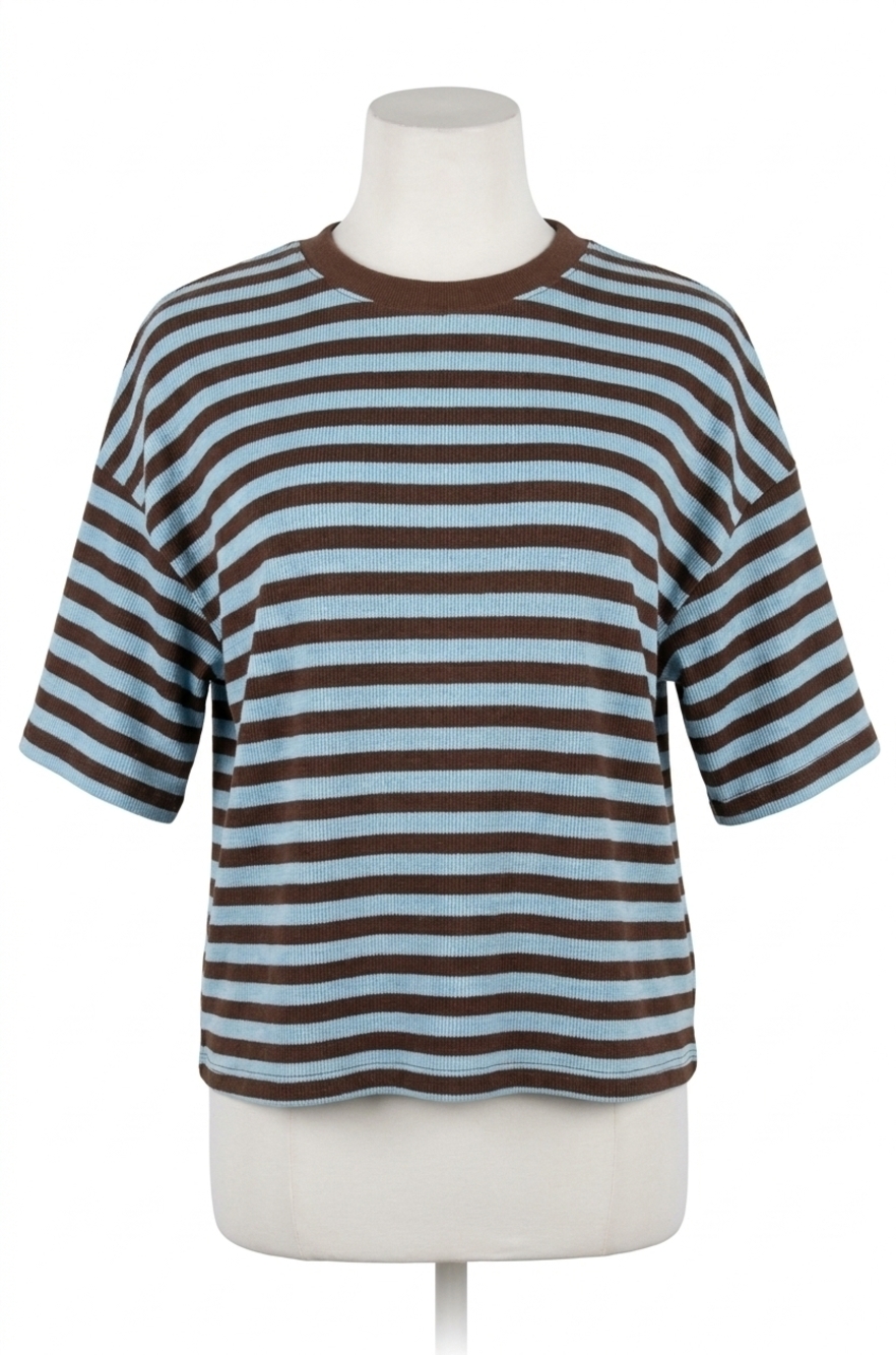 NEW ENTRO vanilla kisses striped ribbed short sleeve top in brown & blue
